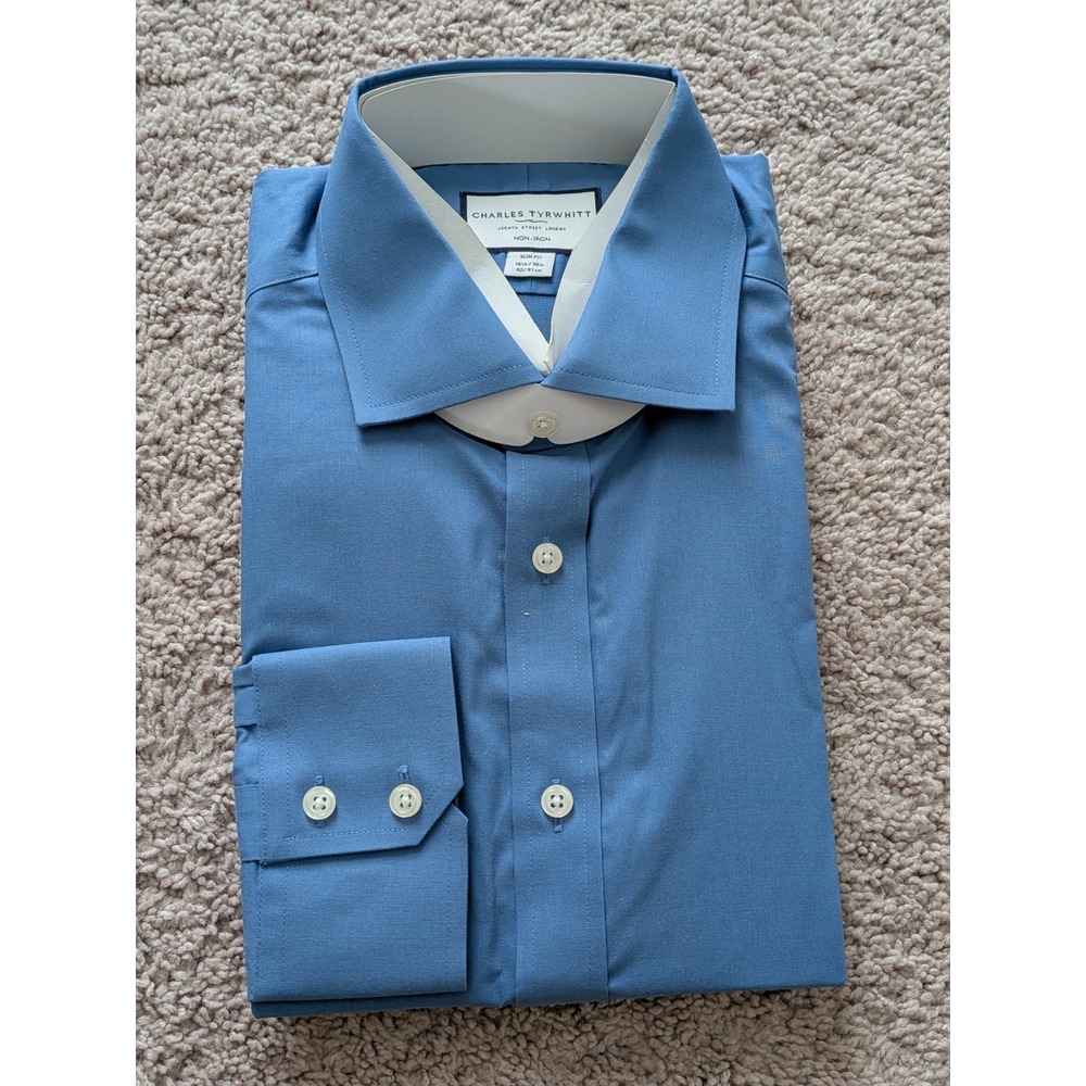 Charles Tyrwhitt Shirt 16.5/36 Ocean Blue Poplin Slim Button Up Non Iron NWT